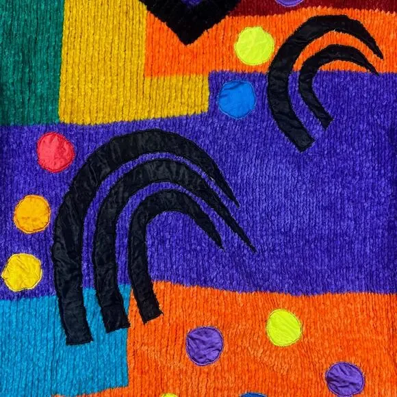 Vintage 90s Colorblock Chenille Sweater M 80s Abstract Art Retro Statement Knit - Picture 6 of 11